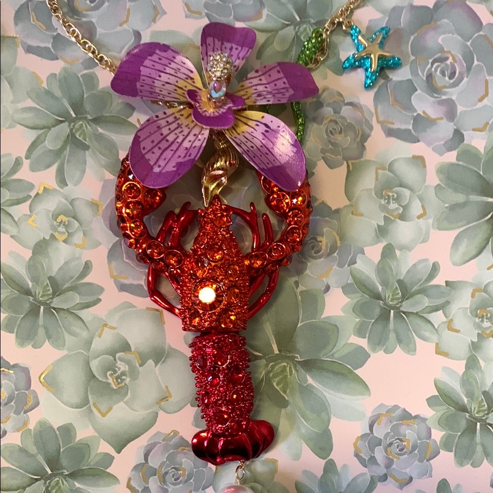 Betsey Johnson Red Lobster and Purple Orchid Necklace